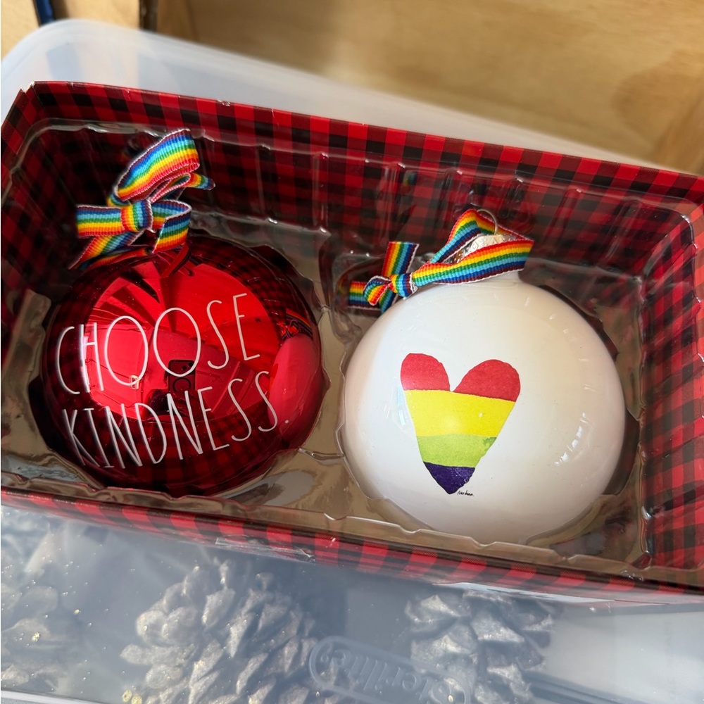 Rae Dunn Rainbow Ribbon Christmas Ornaments Set